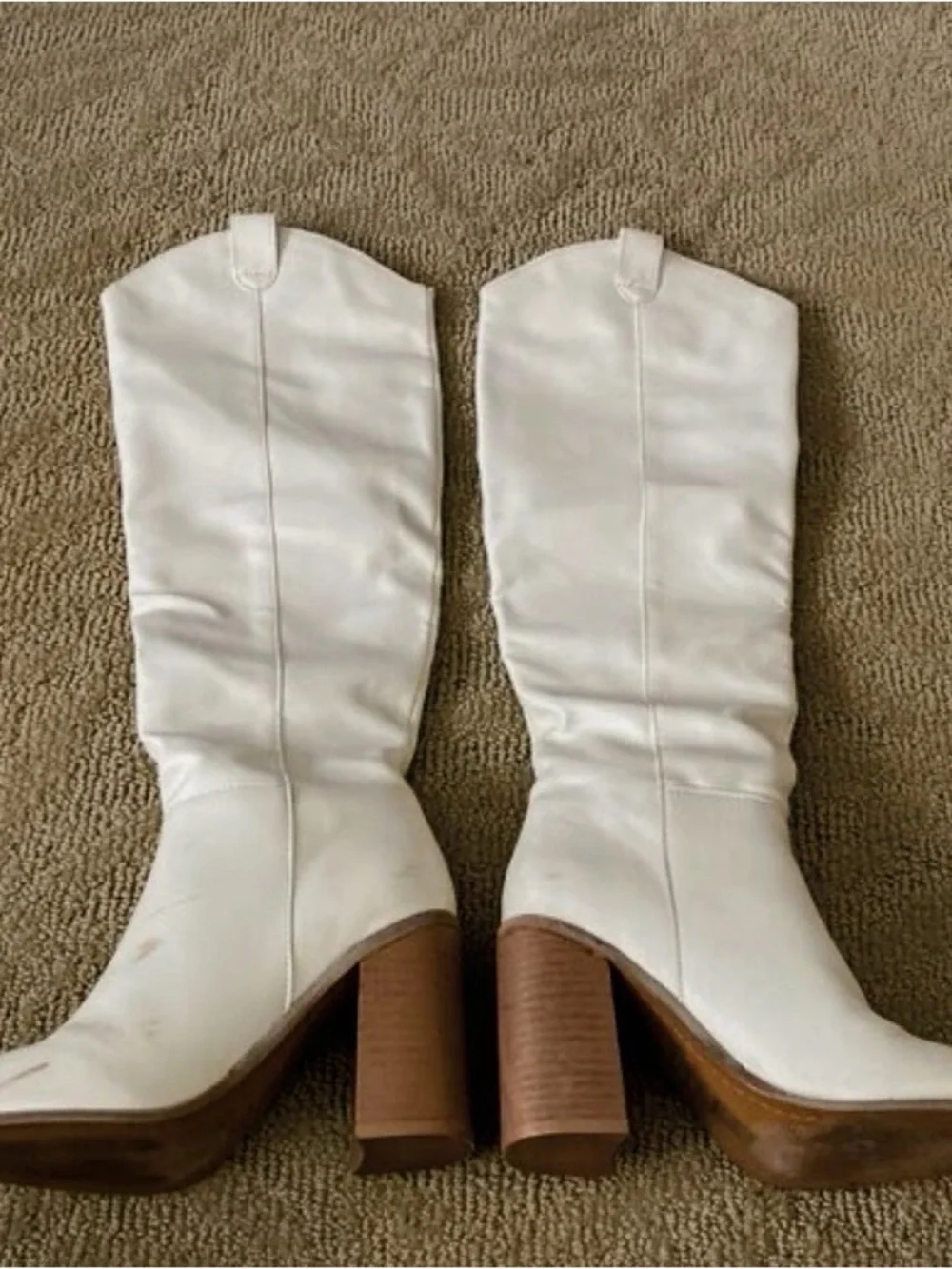Women's Cream Mid-Calf Heeled Boots - Picture 2 of 3